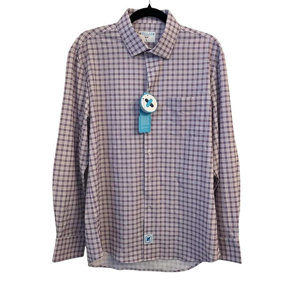 &Collar Mens Performance Dress Shirt L Button Up Slim Plaid Stretch Wicking NWT
